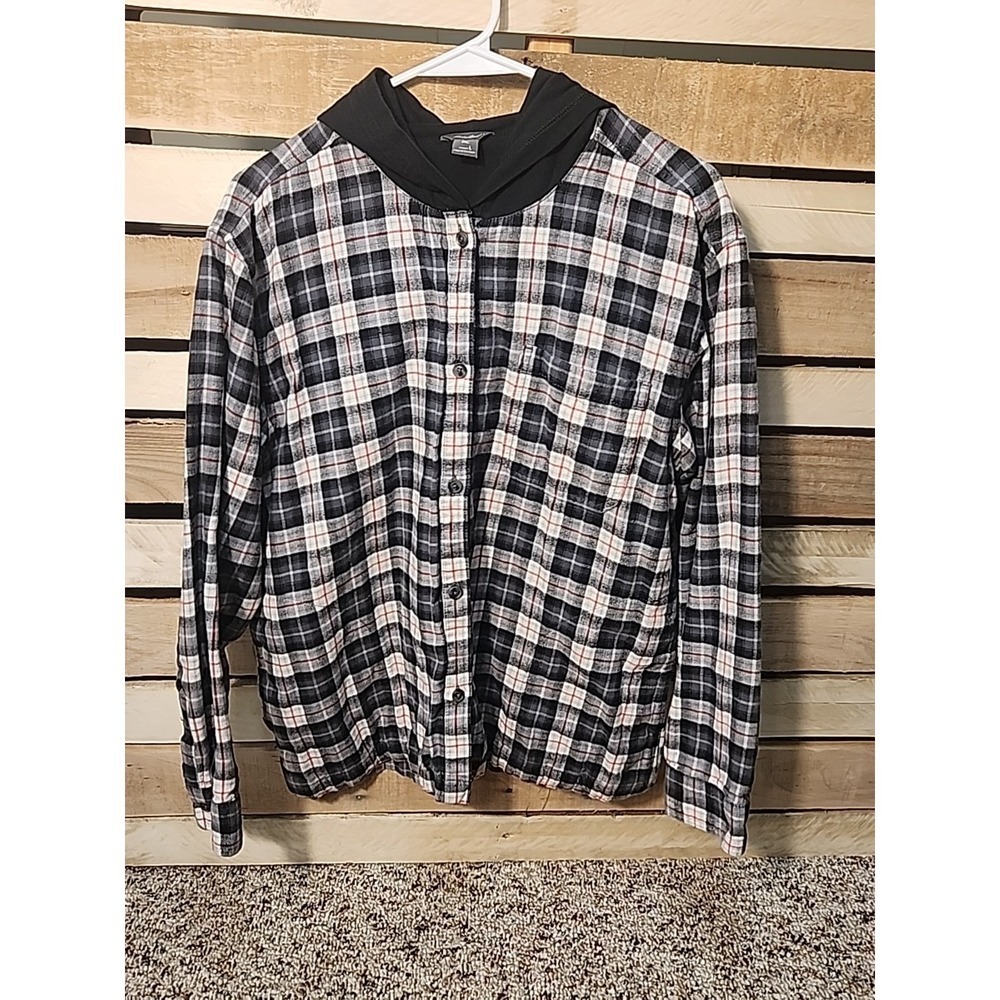 Eddie Bauer Button Up Womens Size L Hooded Flannel Plaid Pocket Long Sleeve